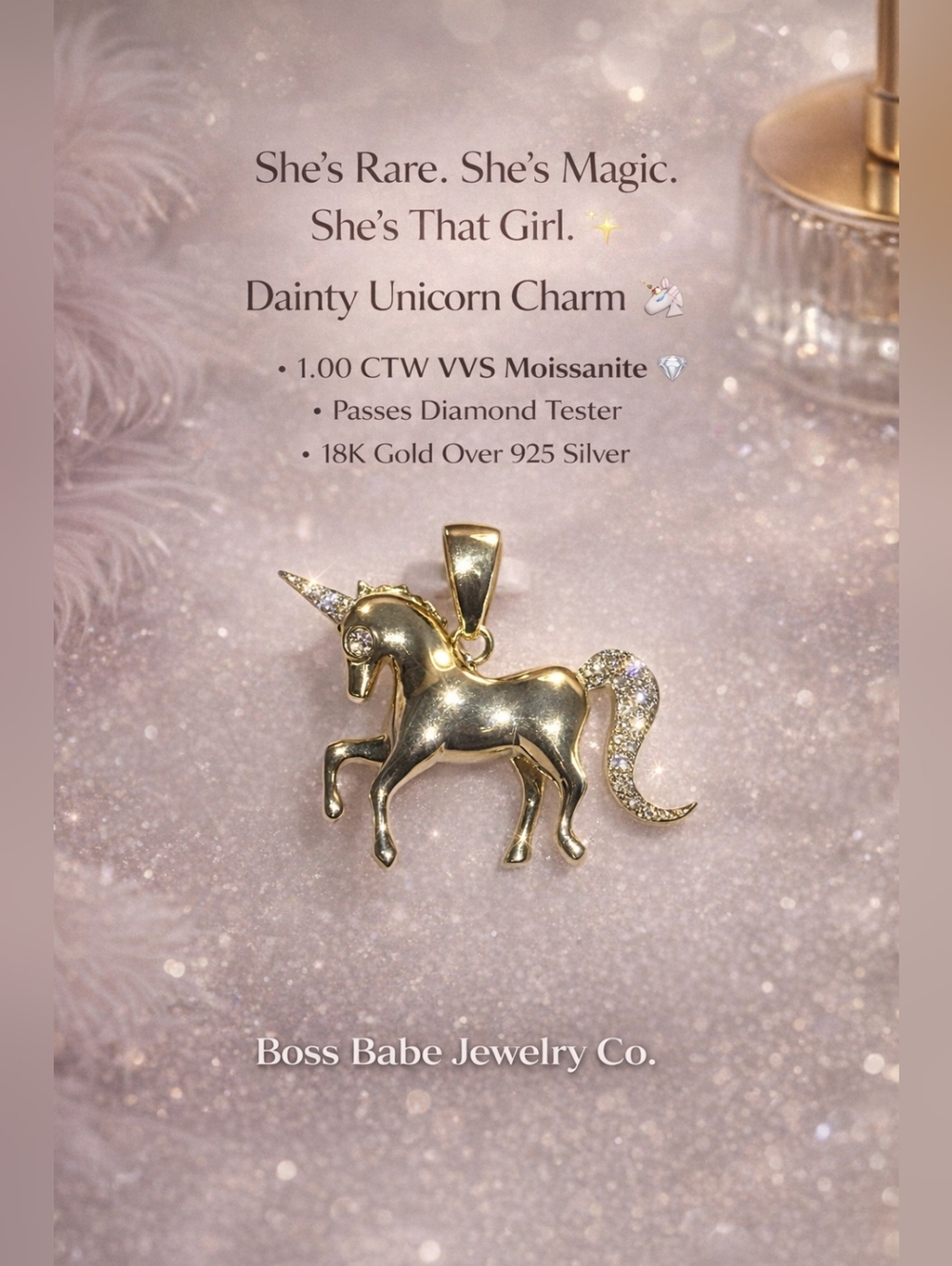 “Rare Beauty Unicorn Charm – VVS Moissanite Magic in 18K Gold Over 925 Silver ✨”